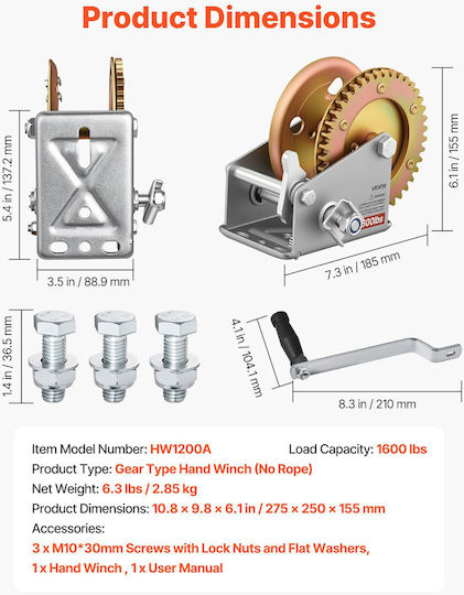 Vevor Manual Boat Winch 726 Kg Two-Way Gear 4:1 Wlxsdjp1600bnkkx6001v0