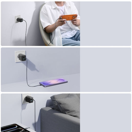 Joyroom Зарядно устройство с вграден кабел GaN с USB-A порт и USB-C порт 45 W Power Delivery Черно (JR-TG8 GaN)