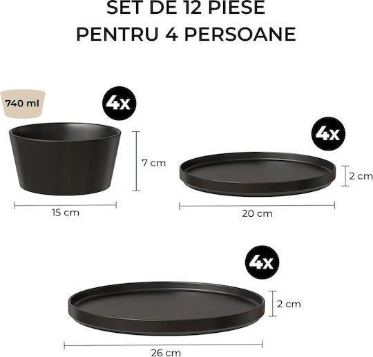 Miamio Negru Ceramică Set de Vase 12buc.