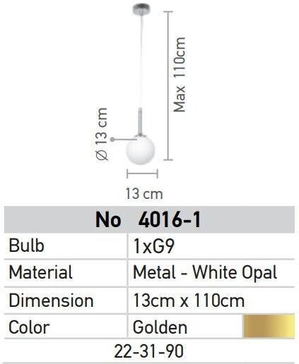 Inlight Adjustable Pendant Light Gold with Socket G9 23x13cm