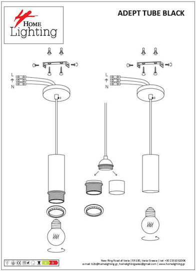 Home Lighting ADEPT TUBE Lumini Suspendate Negru Cu Pantaloni Evazați Cu Dulie E27 50cm