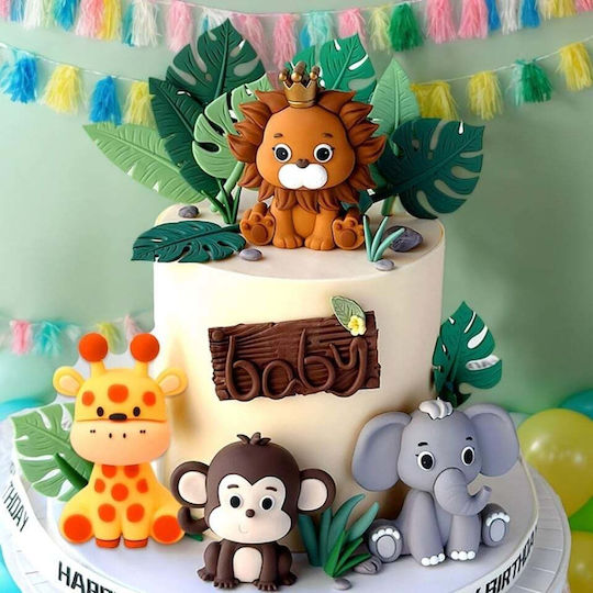 Set 16 Topperuri Tort Festiv Temă Junglă Safari Verde Salvie Dulciuri Animale Leu Elefant Maimuță Girafă Frunze Tropicale Decorațiuni Tort Copii Festiv Botez Baby Shower