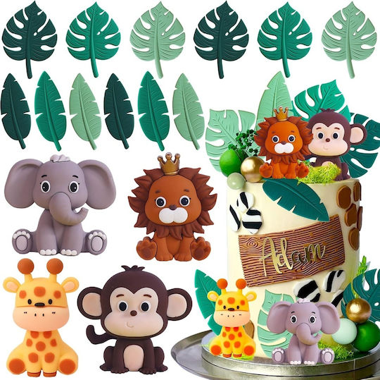 Set 16 Topperuri Tort Festiv Temă Junglă Safari Verde Salvie Dulciuri Animale Leu Elefant Maimuță Girafă Frunze Tropicale Decorațiuni Tort Copii Festiv Botez Baby Shower