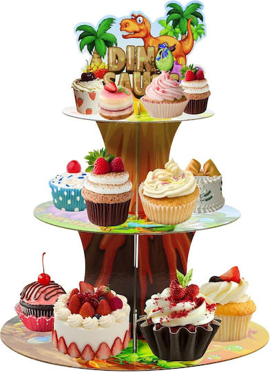 Stand Pentru Dulciuri Flippy Din Carton 3 Nivele Diametru 16 22 29 Cm Înălțime 38 Cm Temă Dinozaur Multicolor