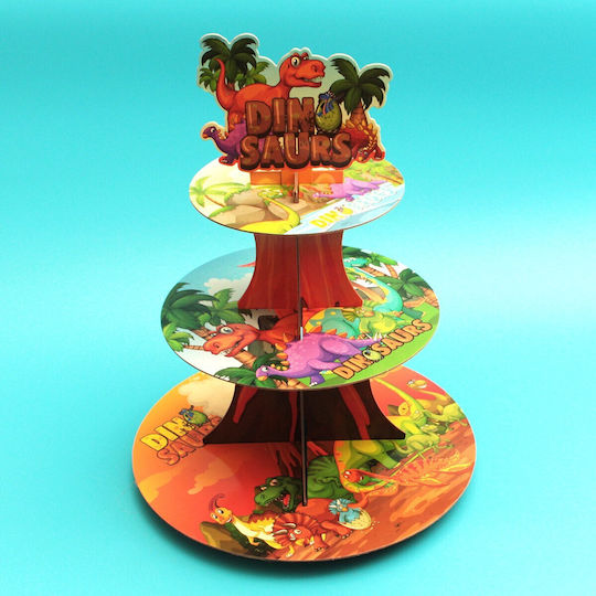 Stand Pentru Dulciuri Flippy Din Carton 3 Nivele Diametru 16 22 29 Cm Înălțime 38 Cm Temă Dinozaur Multicolor