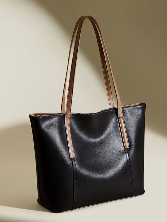 Set Aus Leder Damen Shopper Tasche Schwarz