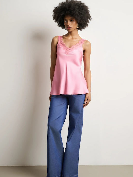Women's Satin Blouse with Ecru Lace