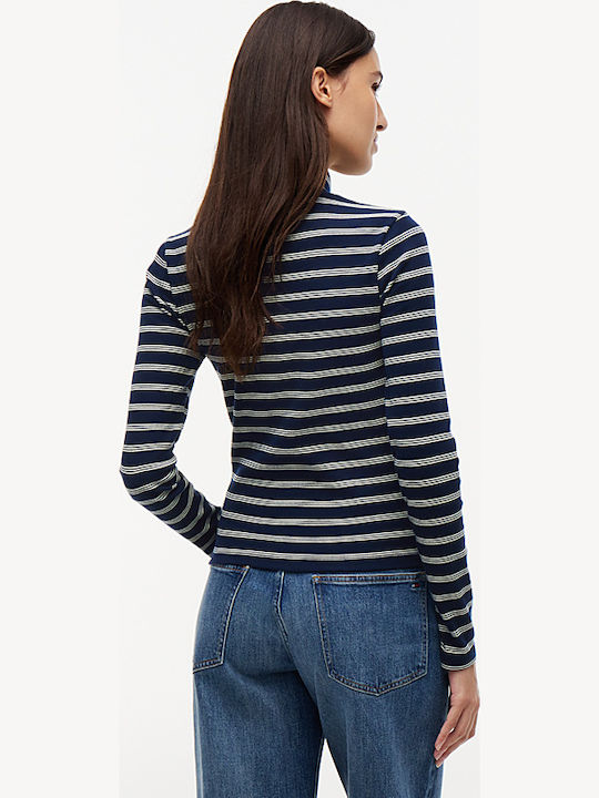 Women's Cotton Long Sleeve Turtleneck Striped Navy Blue Top
