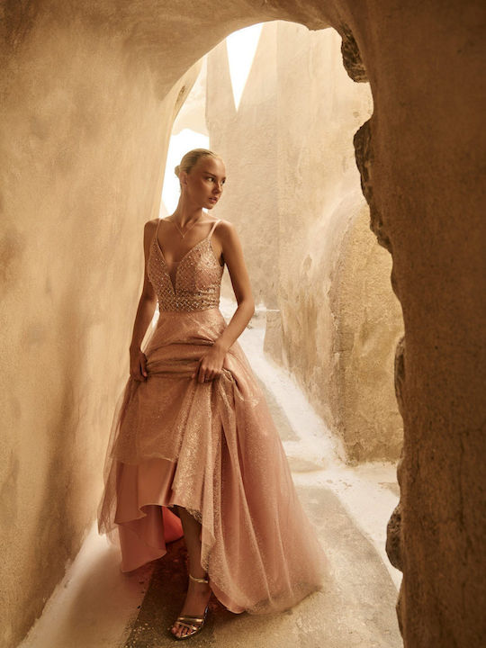 Лятна Maxi Рокля За Вечерно Излизане С Прозрачни Елементи Old Pink Розова