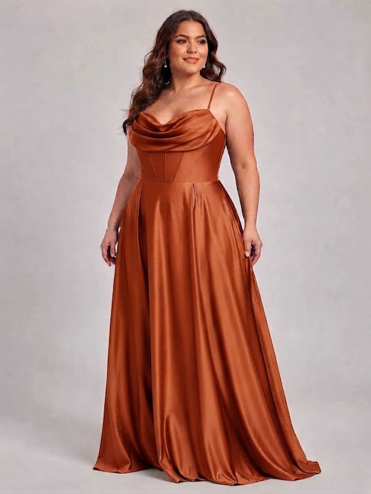 Summer Maxi Evening Satin Drape Dress Terracotta