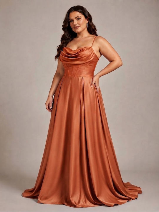 Summer Maxi Evening Satin Drape Dress Terracotta