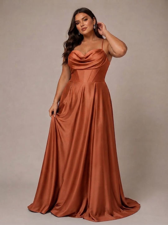 Summer Maxi Evening Satin Drape Dress Terracotta