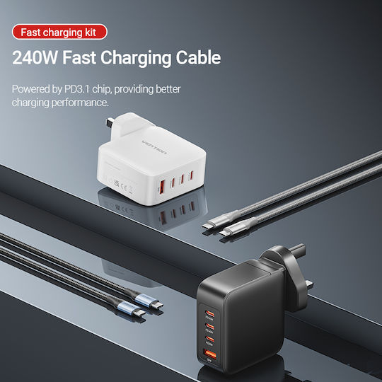 Vention GaN Charger with USB-A Port, 3 USB-C Ports and USB-C to USB-C Cable 140W Power Delivery / Quick Charge 3.0 Black (FEIB0-UK)