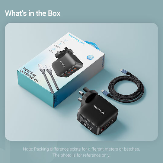 Vention GaN Charger with USB-A Port, 3 USB-C Ports and USB-C to USB-C Cable 140W Power Delivery / Quick Charge 3.0 Black (FEIB0-UK)