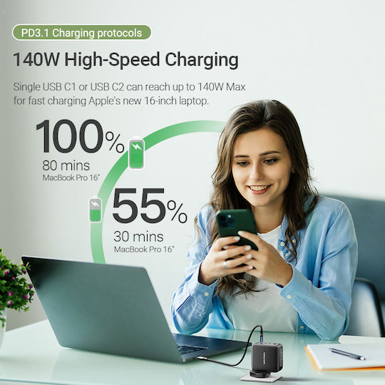 Vention GaN Charger with USB-A Port, 3 USB-C Ports and USB-C to USB-C Cable 140W Power Delivery / Quick Charge 3.0 Black (FEIB0-UK)