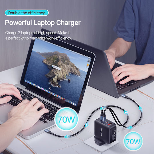 Vention GaN Charger with USB-A Port, 3 USB-C Ports and USB-C to USB-C Cable 140W Power Delivery / Quick Charge 3.0 Black (FEIB0-UK)