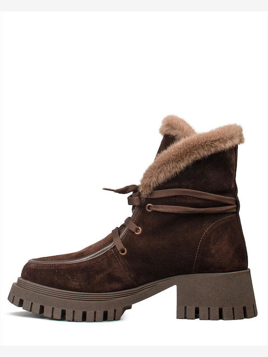 Suede Women's Ankle Boots with Fur Brown