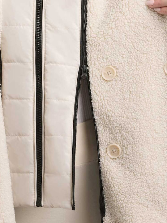 Lange Damen-Pufferjacke für den Winter in Ecru