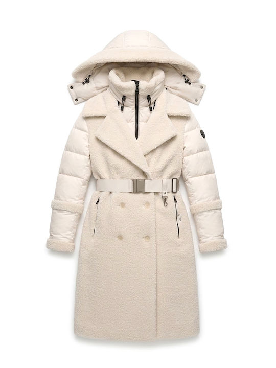 Lange Damen-Pufferjacke für den Winter in Ecru