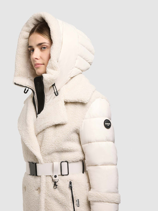 Lange Damen-Pufferjacke für den Winter in Ecru