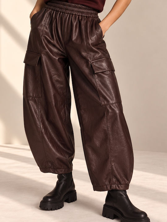 Women's Leather Cargo Trousers with Rubber Band in Loose Fit Brown RAGE 19172 BR