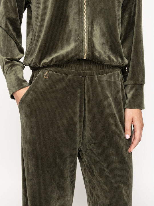 Pantaloni Dama Din Catifea Raiata Olive