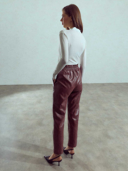 Damen Lederhose mit Volant Hochbund Burgundisch