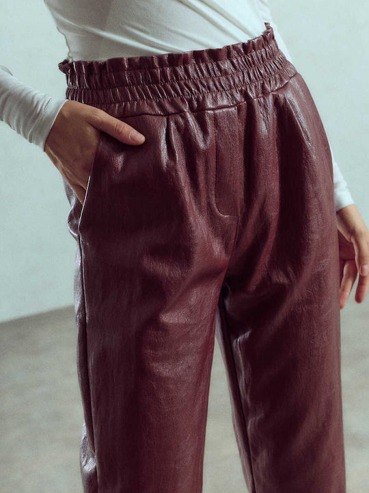 Damen Lederhose mit Volant Hochbund Burgundisch