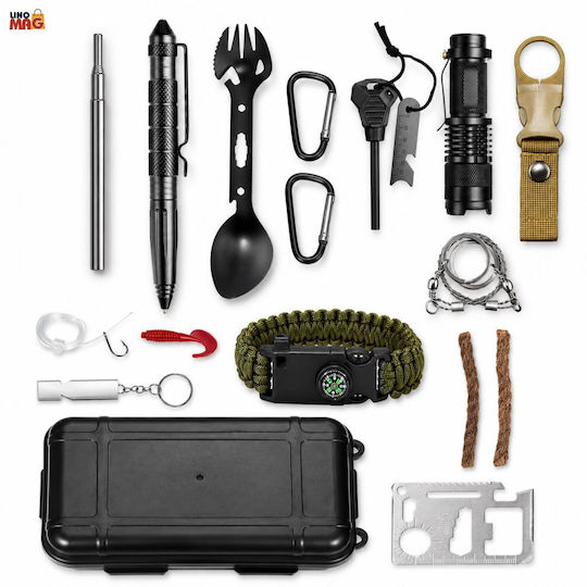 Linomag Kit de Supraviețuire Complet 45+ Funcții Set Camping de Urgență Lanternă LED Stilou Tactical Ustensil Multifuncțional Aprinzător de Foc Pătură Termică Brățară Paracord Busolă Fluier Card Multifuncțional 21 X 11.5 X 6 Cm Negru