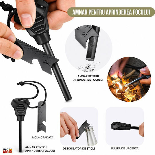 Linomag Kit de Supraviețuire Complet 45+ Funcții Set Camping de Urgență Lanternă LED Stilou Tactical Ustensil Multifuncțional Aprinzător de Foc Pătură Termică Brățară Paracord Busolă Fluier Card Multifuncțional 21 X 11.5 X 6 Cm Negru