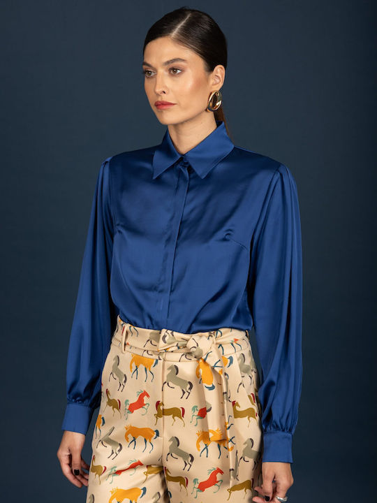 Long Sleeve Women's Satin Shirt Blue