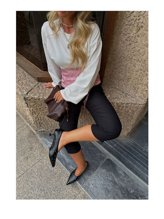 Leder Spitze Zehe Pumps mit niedrigem Absatz Schwarz