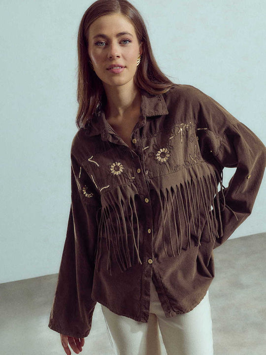 Celestino Women's Corduroy Shirt Fringes Brown