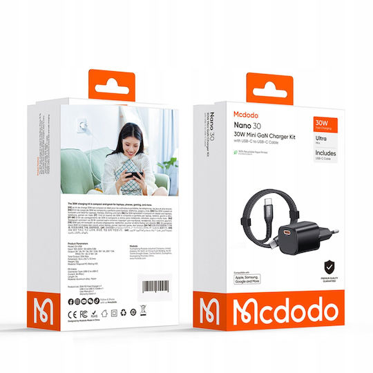 Mcdodo Handyladegerät mit USB-C Ausgangsanschluss und Kabel USB-C - USB-C 30W Schwarz (CH-0082)