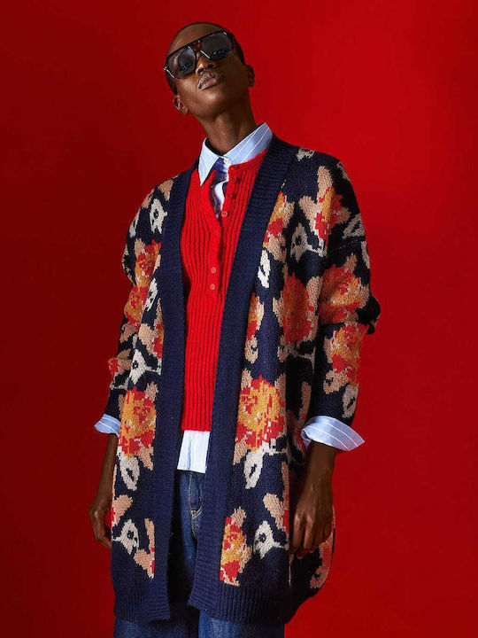 Long Women's Knitted Floral Navy Cardigan