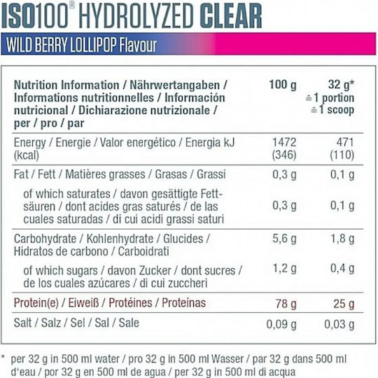 Iso 100 Clear Hydrolyzed Whey Protein Gluten Free with Peach Ice Tea Flavor 25gr