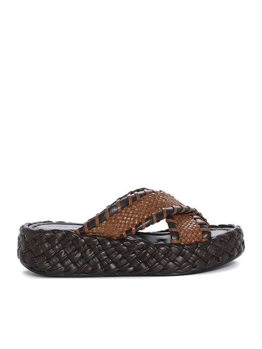 Leather Women's Flat Sandals Flatforms Brown 12023 T00