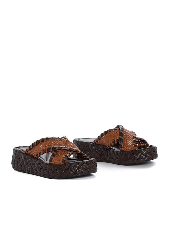 Leather Women's Flat Sandals Flatforms Brown 12023 T00