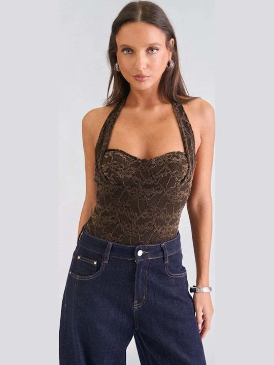 Damen-Bodysuit Samt mit Spitze & Verstärkung Braun Dunkel