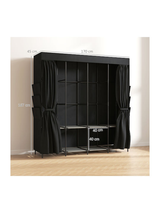 HomCom Fabric Wardrobe with Zipper and Shelves in Black Colour 170x45x167cm