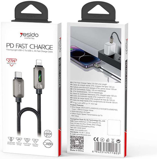 Yesido Braided USB-C To Lightning Cable 27W Black 1.2m