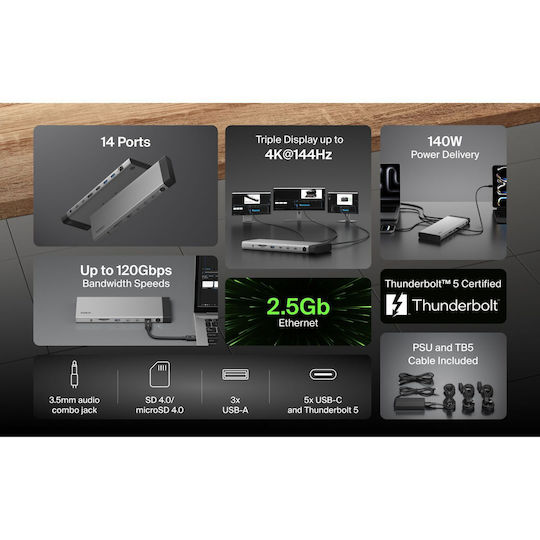 Belkin Докинг станция Connect Thunderbolt 5 с HDMI/DisplayPort 4K PD Ethernet и свързване на 2 монитора