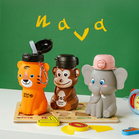 Nava We Care Kinder Trinkflasche aus Silikon mit Stroh Auslaufsicher Graue 600ml