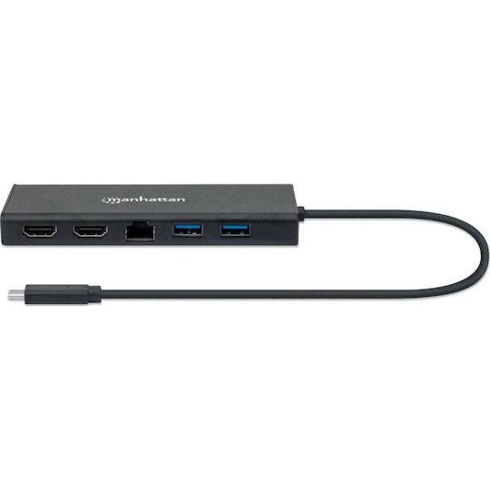 Manhattan USB-C Docking Station with HDMI 4K PD Ethernet and 2 Monitors Connection Black