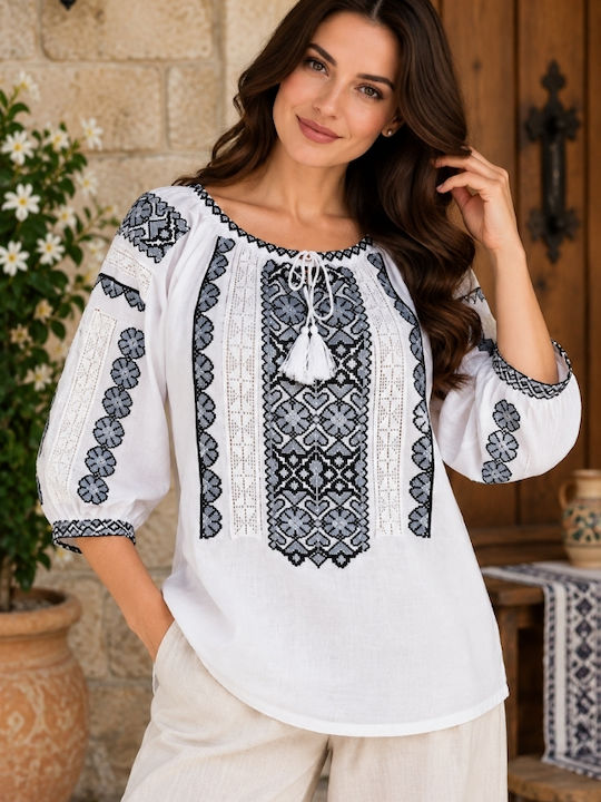 Bluză Damă din Bumbac White/Grey