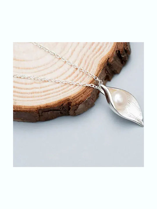 By Queen Ασημένιο Κολιέ 925 Lumière Pearl Leaf Πέρλα