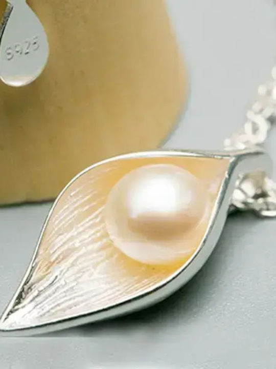 By Queen Ασημένιο Κολιέ 925 Lumière Pearl Leaf Πέρλα