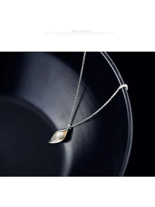 By Queen Ασημένιο Κολιέ 925 Lumière Pearl Leaf Πέρλα
