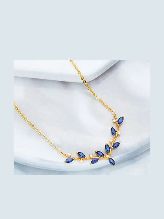 By Queen Colier Din Argint 925 Sapphire Leaves Nuanță Aurie Cu Zircon Albastru
