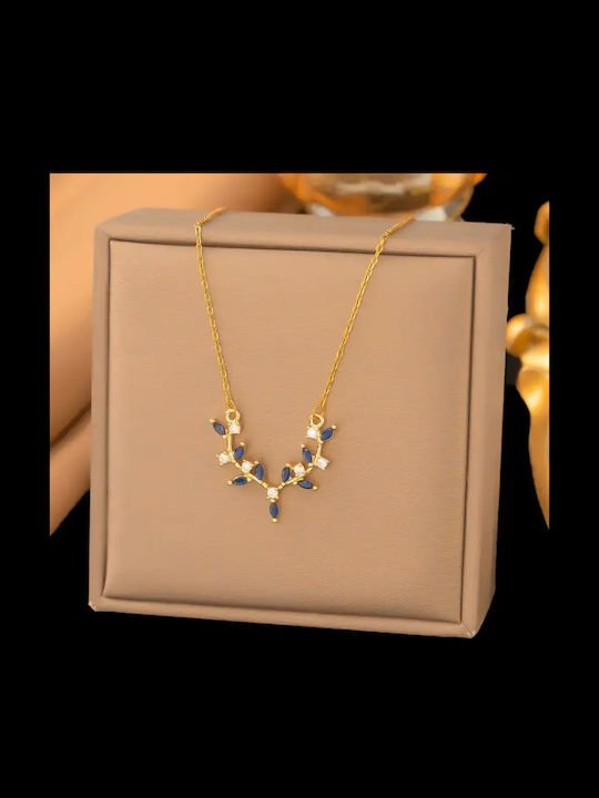 By Queen Colier Din Argint 925 Sapphire Leaves Nuanță Aurie Cu Zircon Albastru